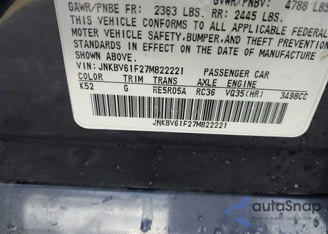 2007 Infiniti G35X from USA, damaged, VIN JNKBV61F27M822221